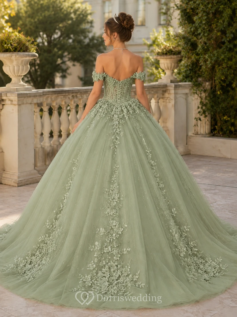 Salbeigrünes, schulterfreies, kurzärmeliges Tüll-Ballkleid, bodenlang, mit Blumenmuster, Quinceañera-Kleid view 2