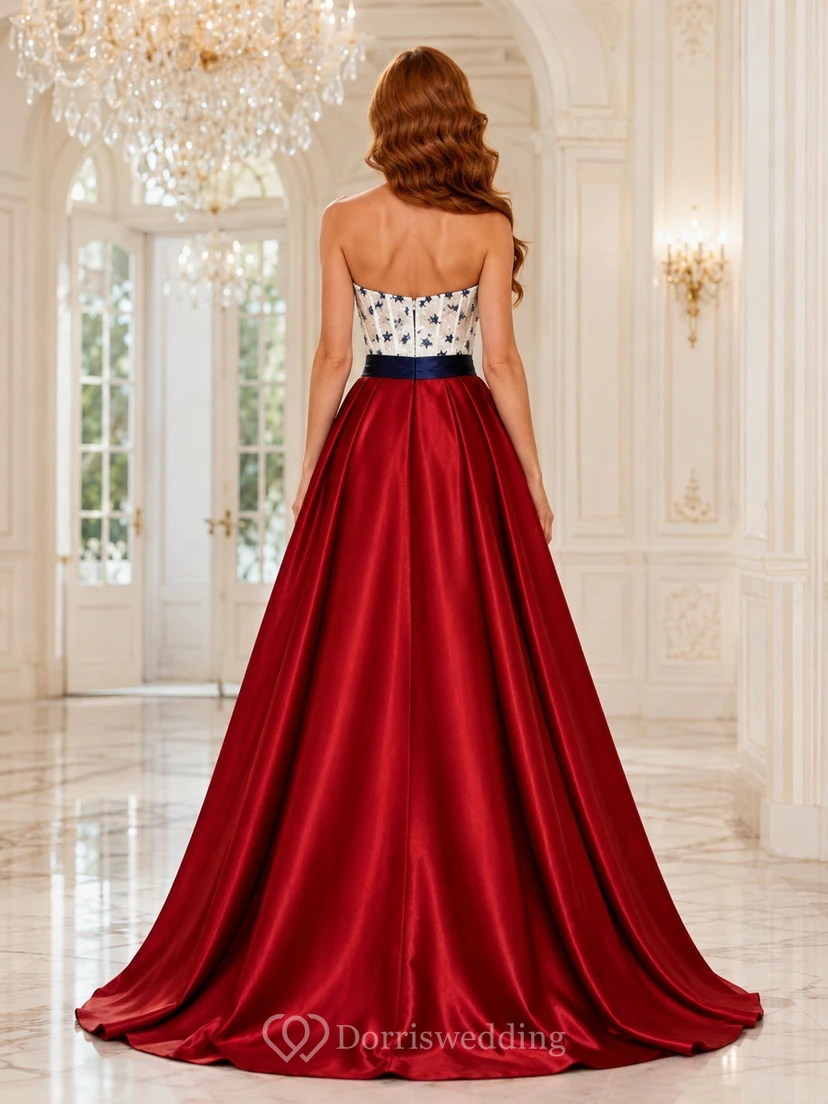 Robe de bal rouge bustier sans manches en satin, longue jusqu'au sol, ornée d'un nœud papillon, robe de soirée de luxe view 2