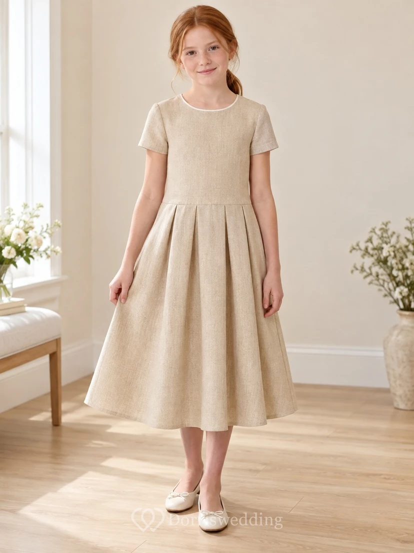 Simple Modest Sand Tea-length Dropped Waist Short Sleeve Broad Pleated Flower Girl Dress