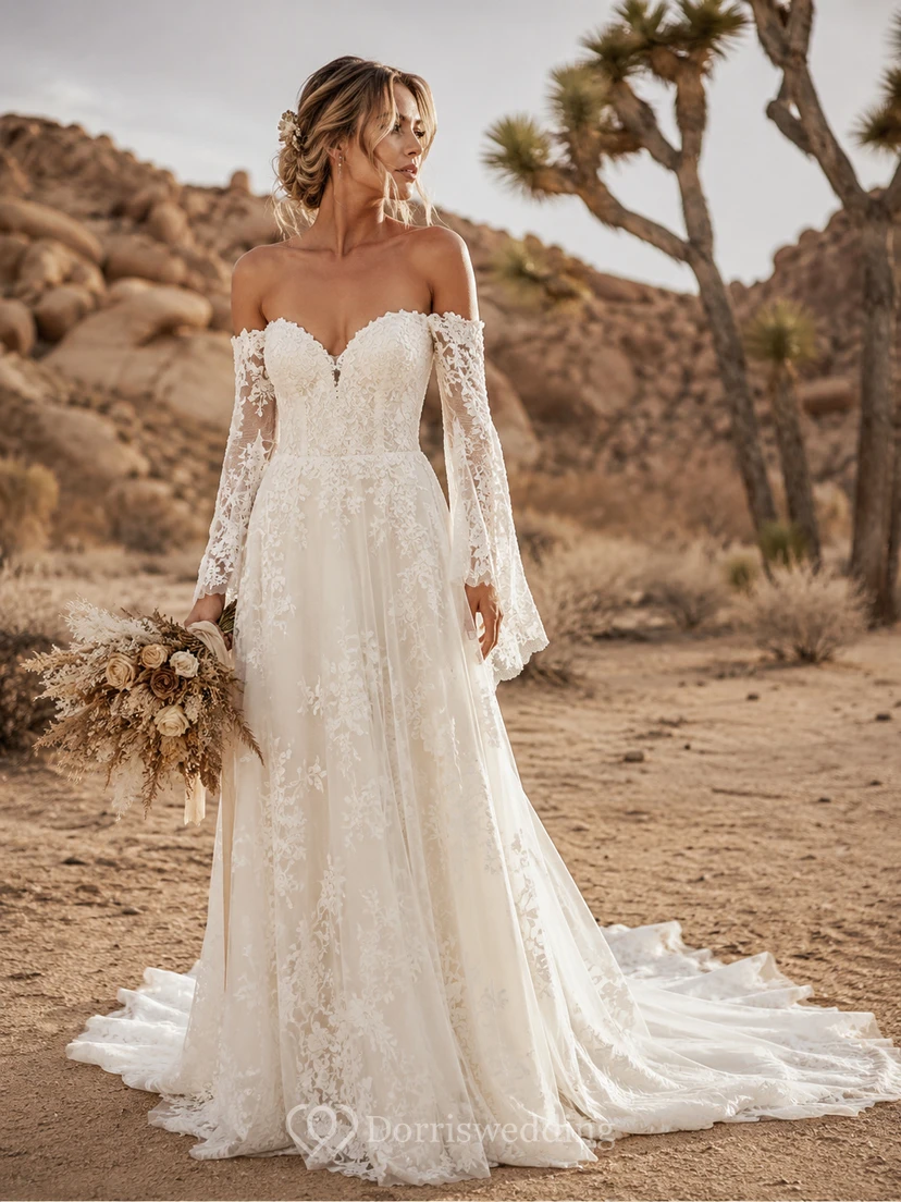 Off-the-Shoulder Boho Wedding Dress with Long Lace Sleeves, Sweetheart Bodice & A-Line Train