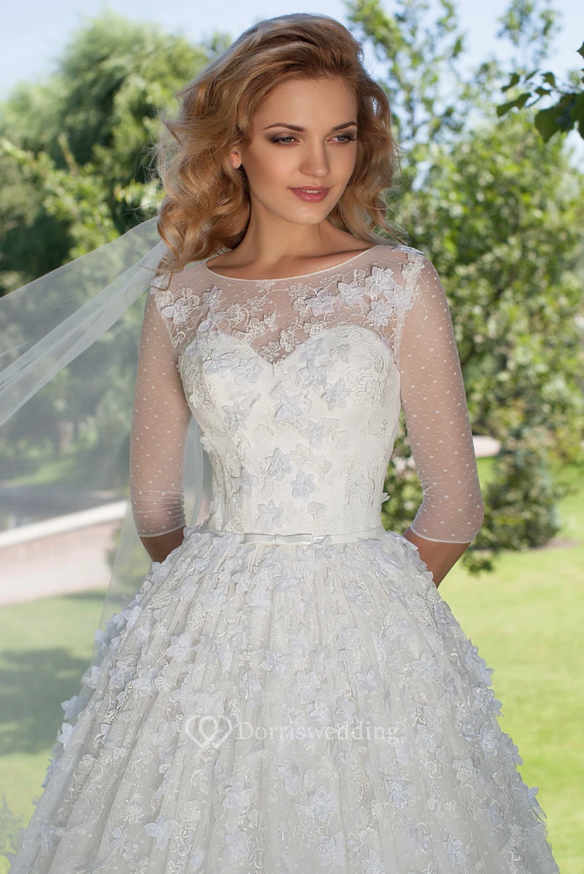 A-Line Appliqued Bateau Neck Half Sleeve Tulle Wedding Dress view 3