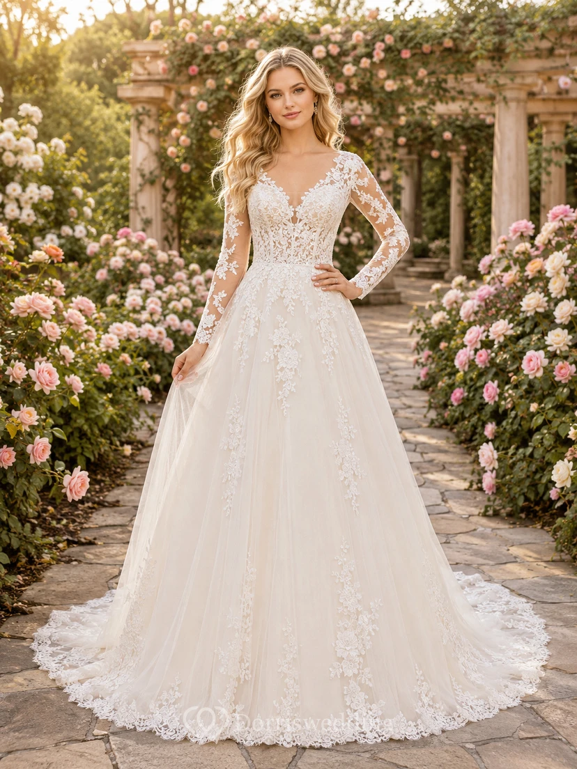 Garten-Hochzeitskleid mit langen Ärmeln, Spitze und A-Linien-Schnitt