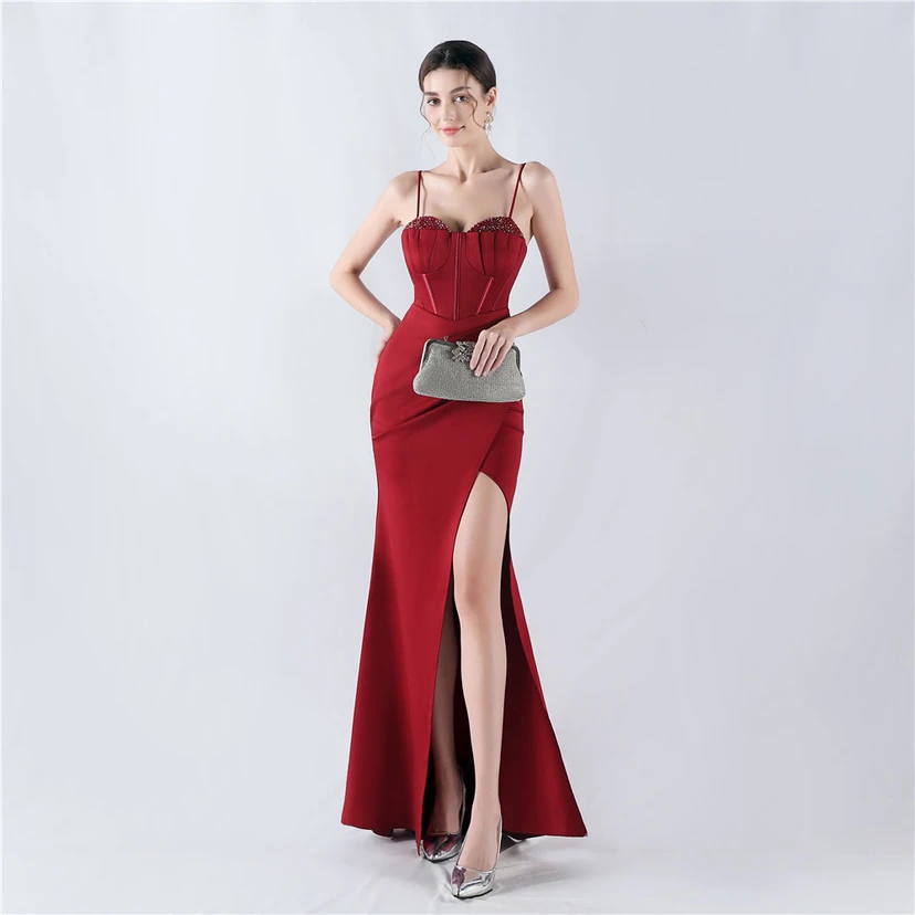 Fishbone Waist Set Crystal Diamond Satin Host Evening Dress view 14