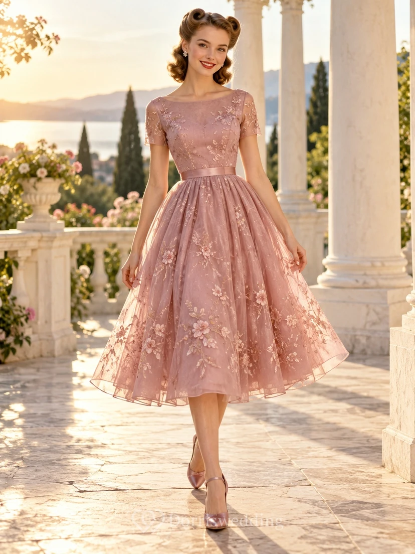 1950s Tea-length Mauve Jewel Neck Cap Sleeve Floral Prom Dress