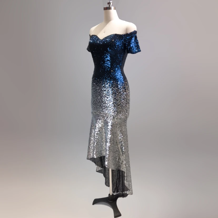 Robe asymétrique à manches courtes, style européen et américain, sequins dégradés, robe de soirée de mariage ou de banquet. view 15