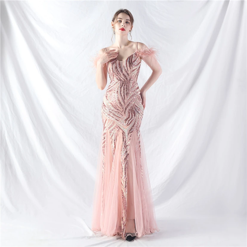 Crafted Ostrich Feather Stacked Sequins Splicing Mesh Gauze High-End Evening Dress Clothes view 31