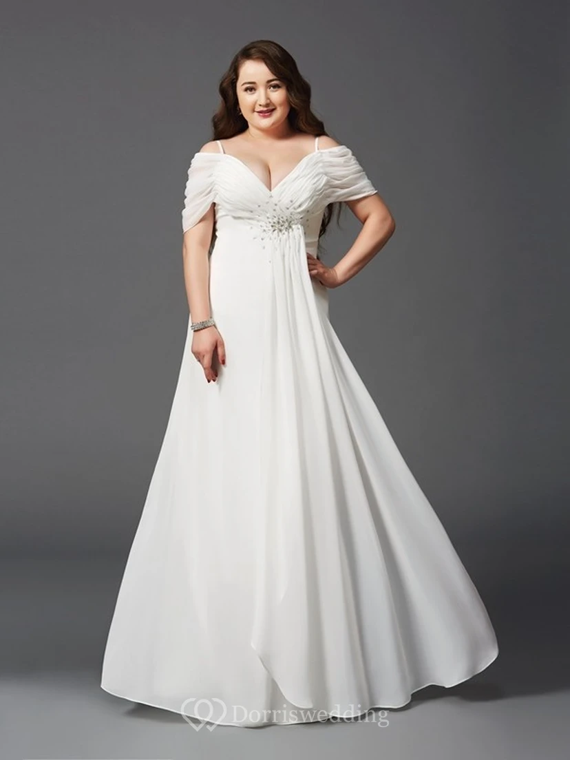 A-line Floor-length Spaghetti Empire Chiffon Ruching Beading Zipper Dress