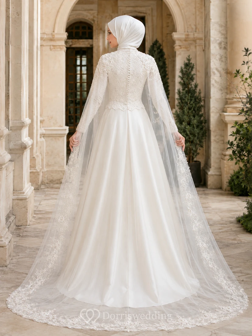 Two Piece Muslim Lace Cape Satin Ball Gown Wedding Dress view 2
