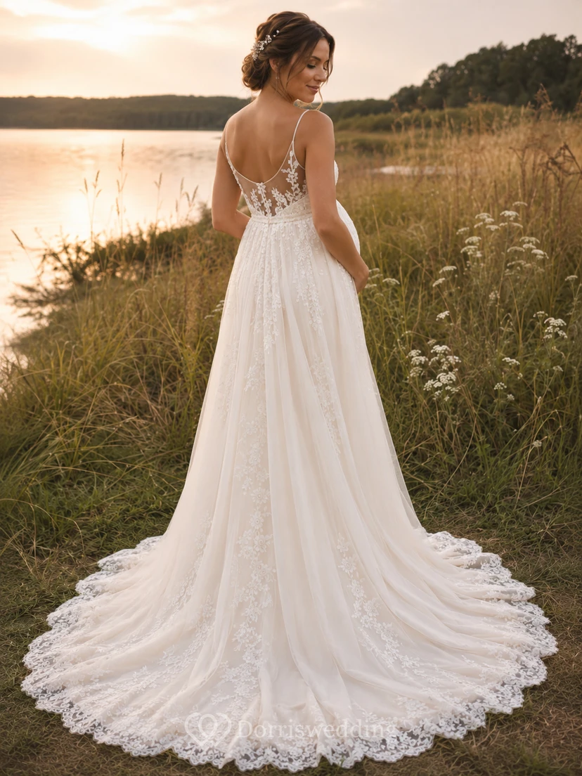 Boho Maternity Lace Wedding Dress with Illusion Neckline, Spaghetti Straps & Floral A-Line Train view 2