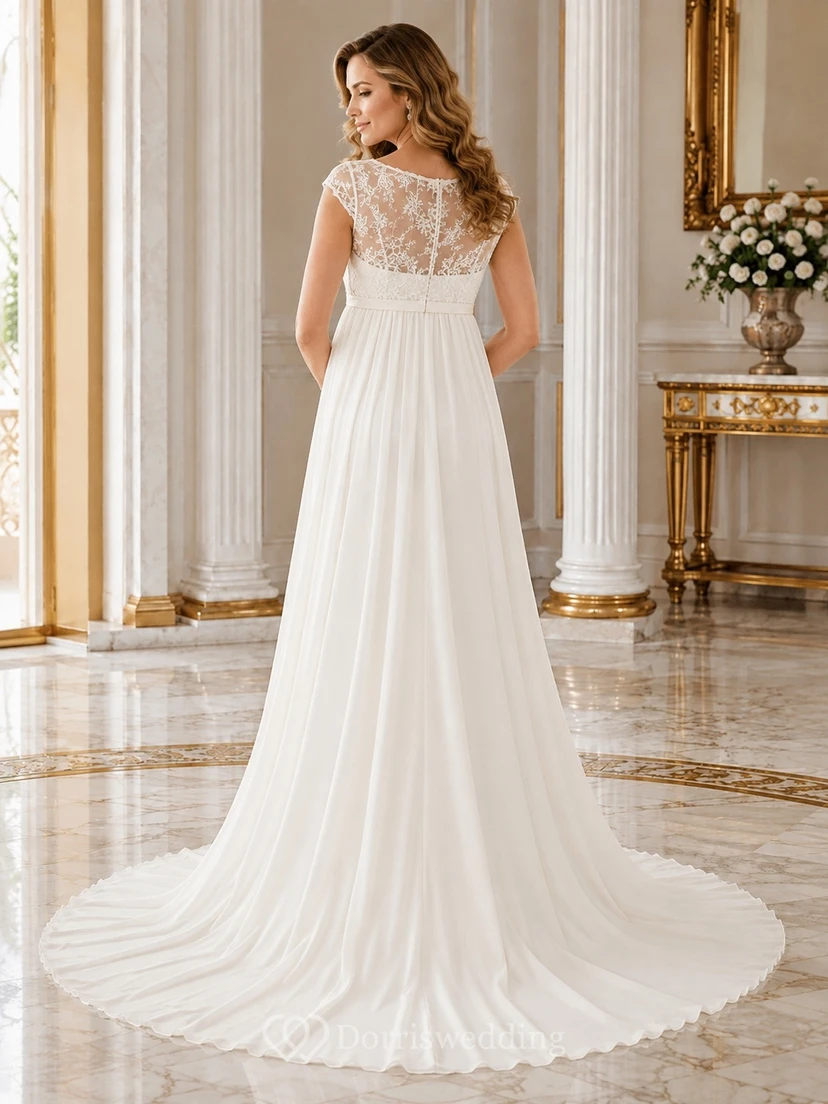 Elegante vestido de novia premamá de corte A con encaje y mangas cortas view 2