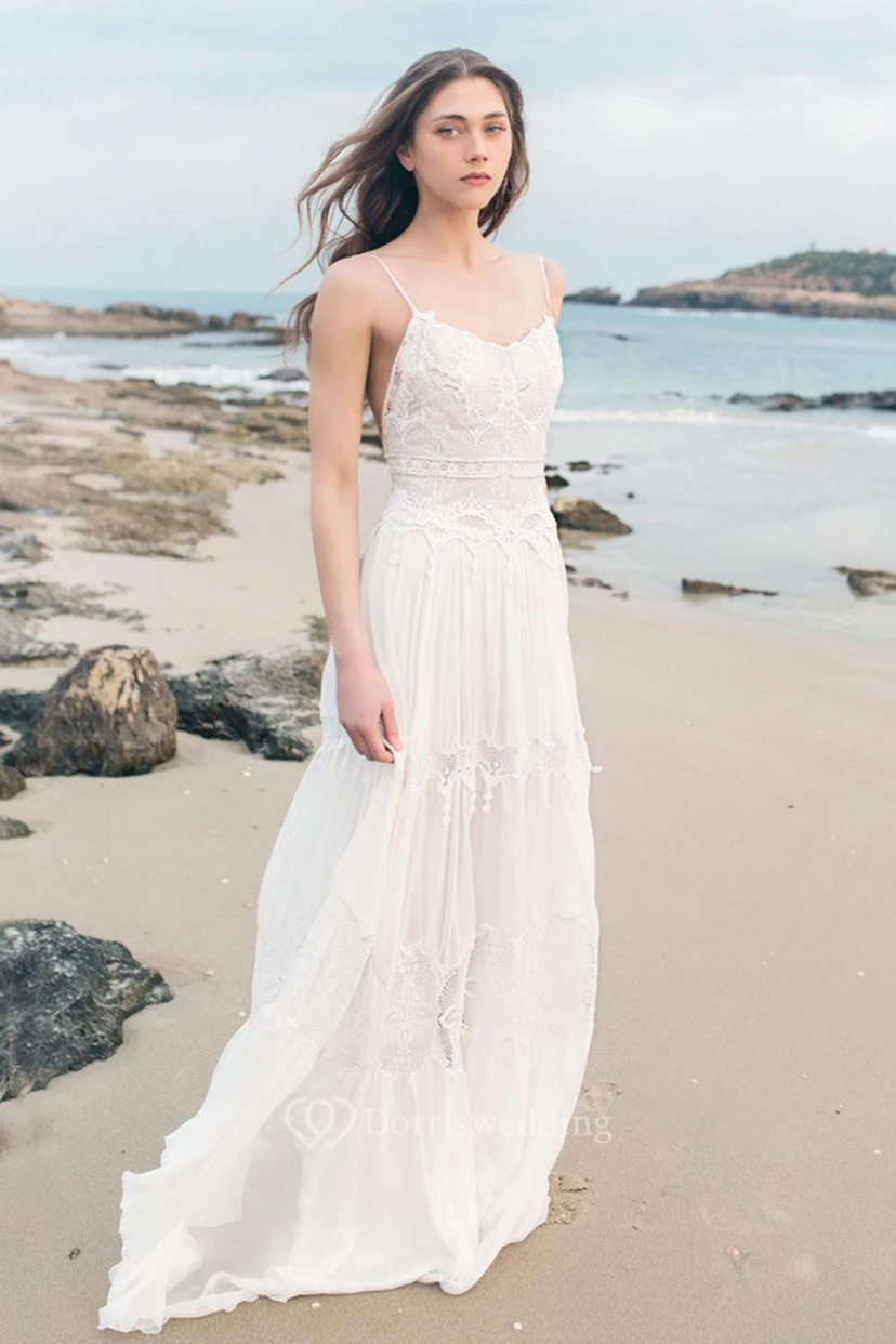 Spaghetti-ärmelloses Chiffon-Strand-Boho-Hochzeitskleid