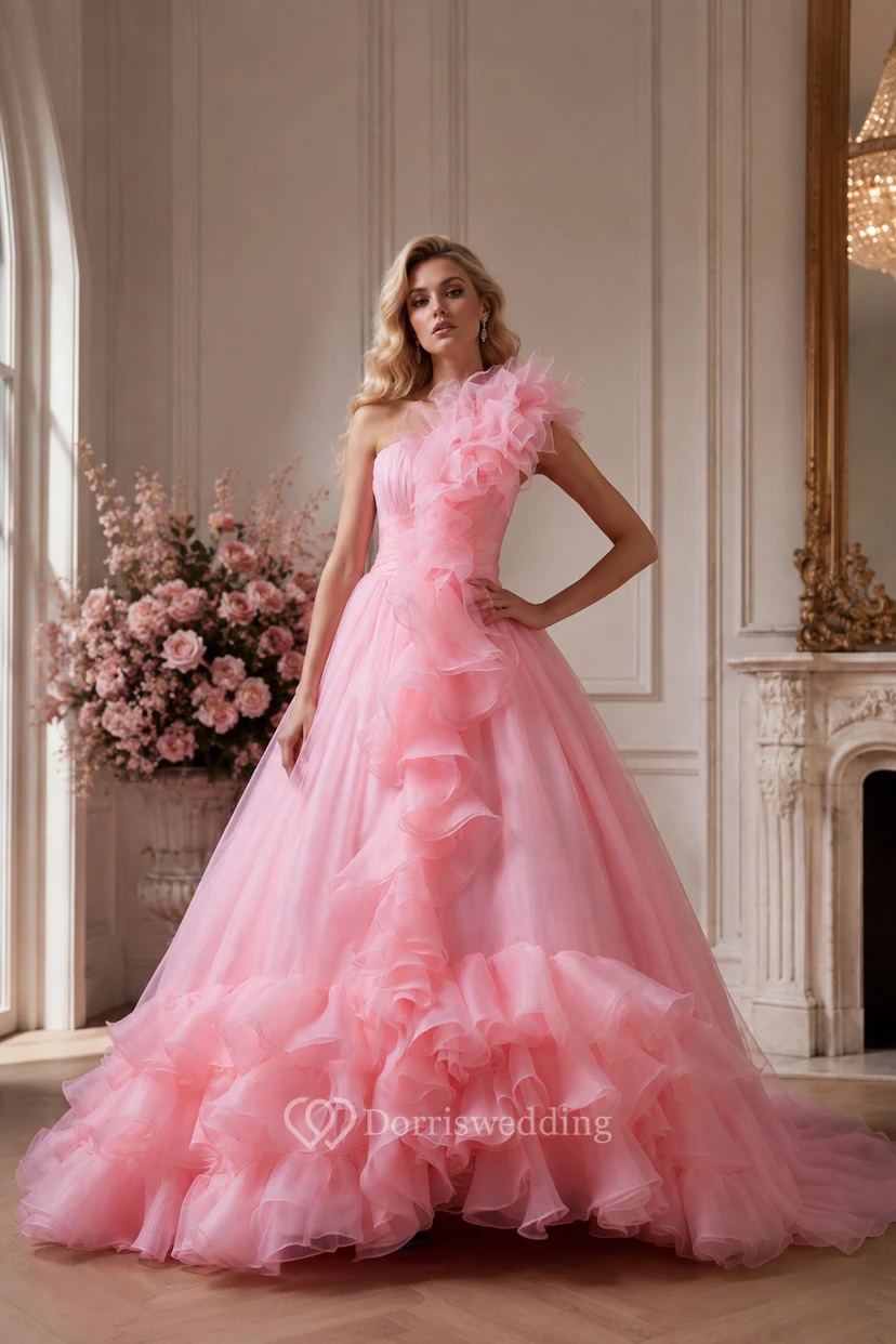 One-Shoulder A-Line Ruffled Draping and Dress With Tiers view 5