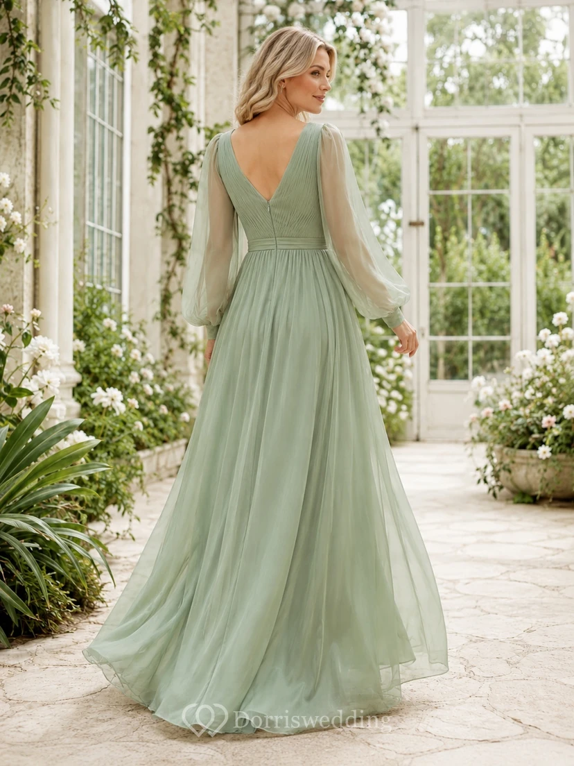Modest Sage V-Neck Long Poet Sleeve Chiffon A-Line Floor-Length Gown view 2