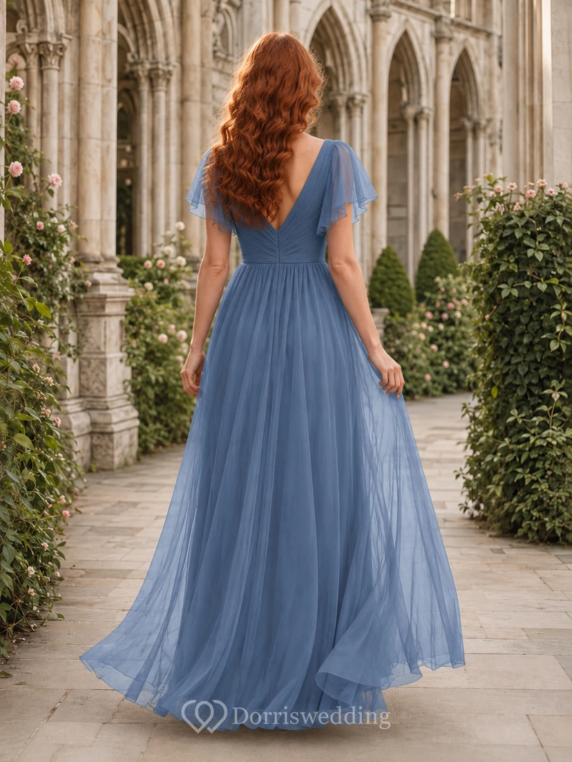 Grand Estate Formal Steel Blue Romantic Elegant A-Line Tulle Bridesmaid Dress with V-Neck Short Sleeve Floor-Length Low Back view 2