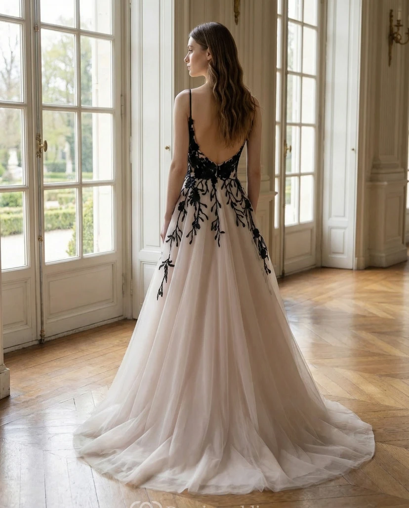 Black and Blush Applique Tulle Prom Dress with Spaghetti Straps and A-Line Skirt view 2