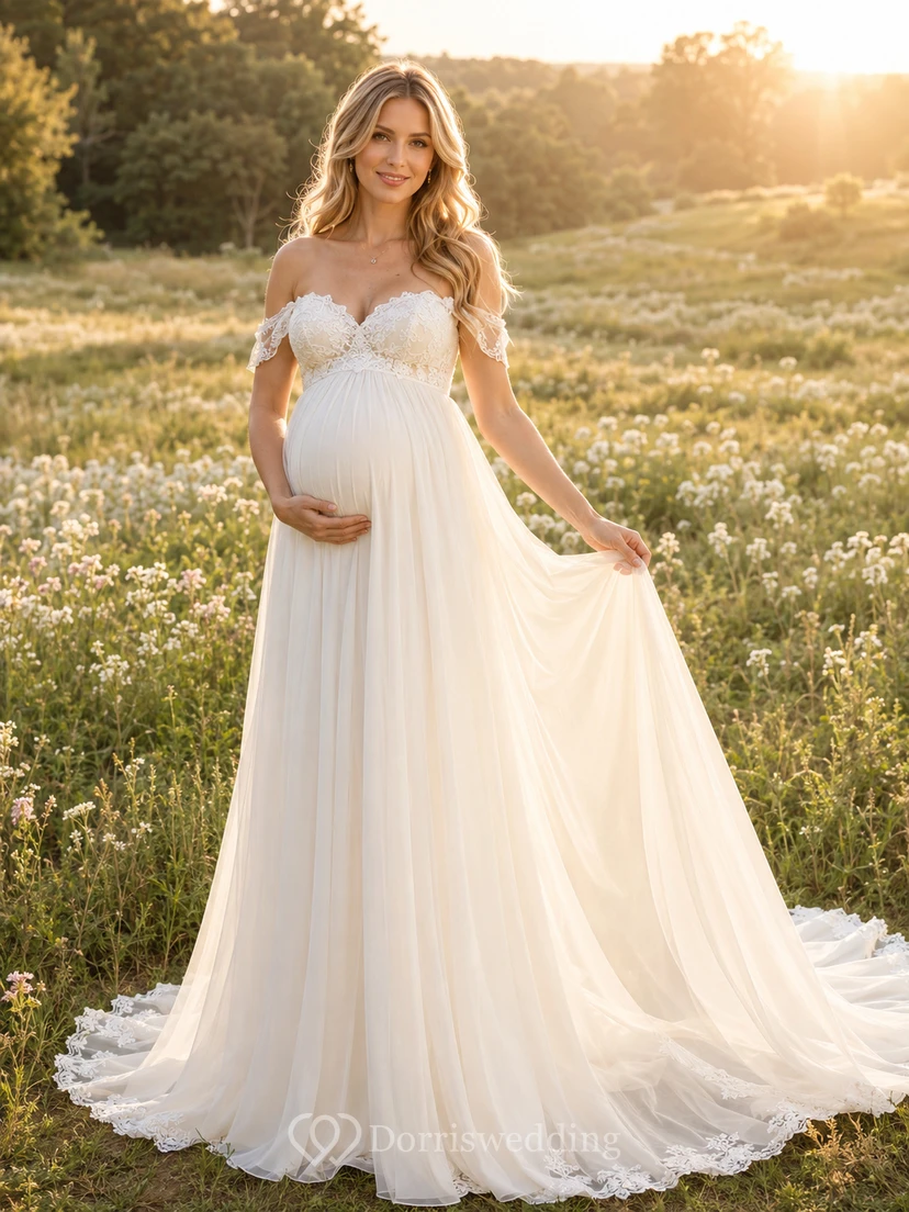 Maternity Wedding Dress Off-the-Shoulder Lace Sleeve A-Line Country Bridal Gown with Train