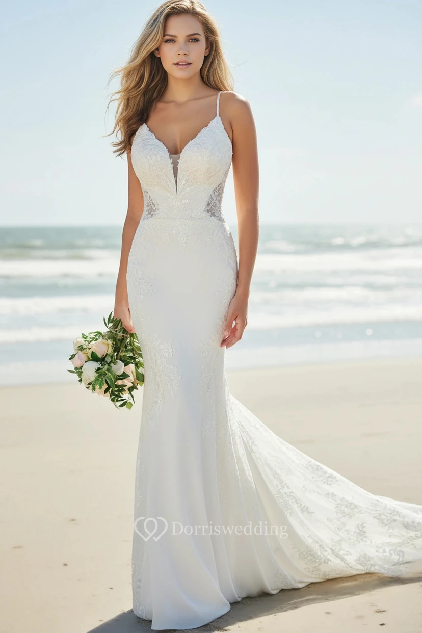 Spaghetti Lace Slim Fit Beach Wedding Dress