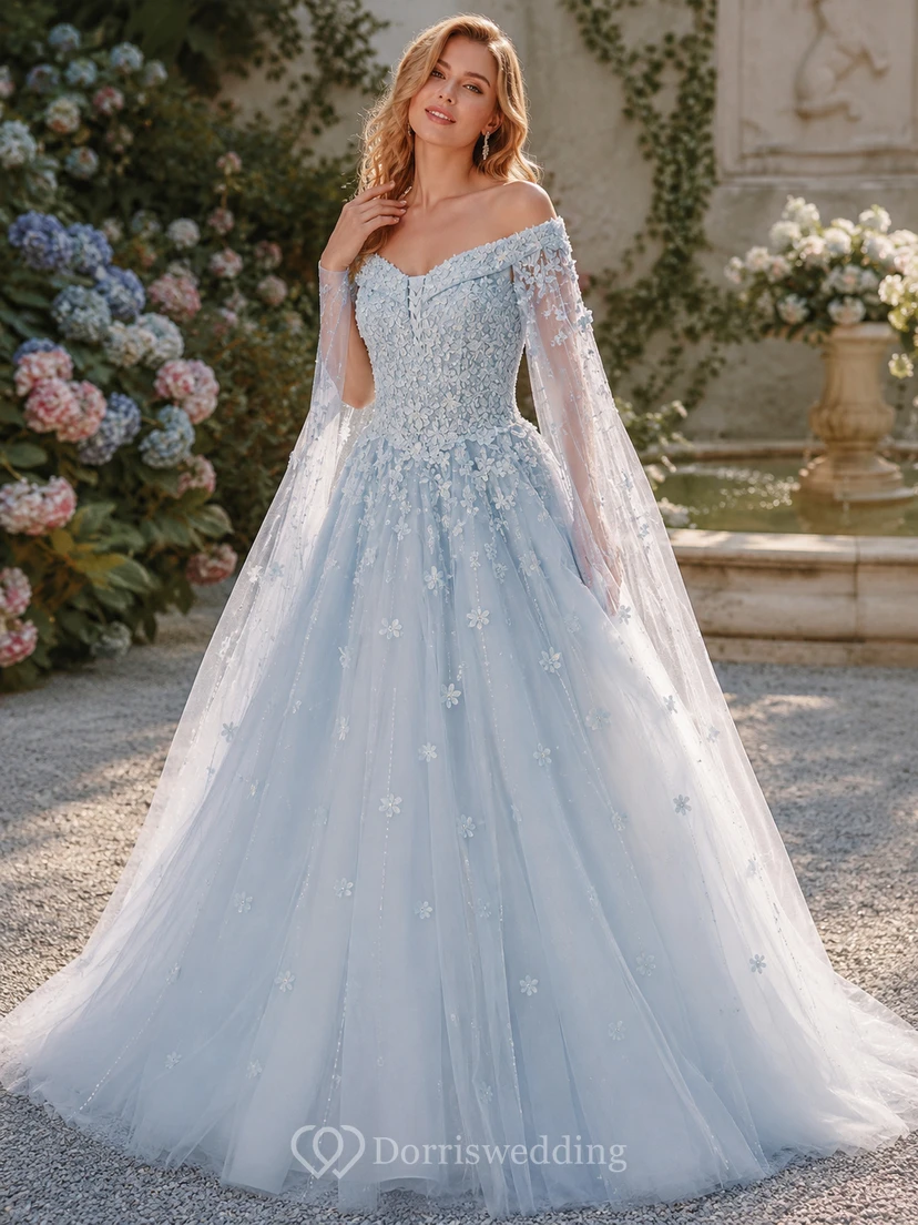 Off-the-shoulder Cap Short Sleeve Court Train Lace Tulle A-Line Princess Wedding Dress