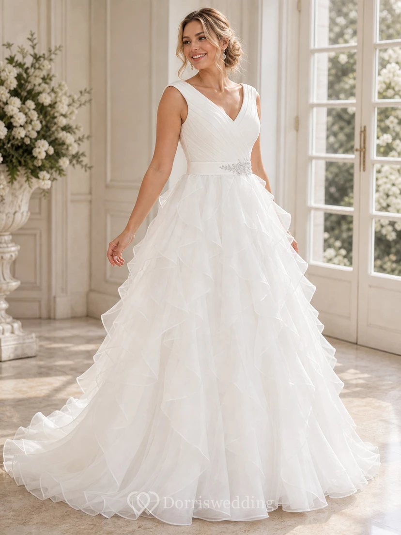 A-Linien-Brautkleid aus Organza mit kurzen Ärmeln, langem V-Ausschnitt, Raffungen, Rüschen und Stufen view 5