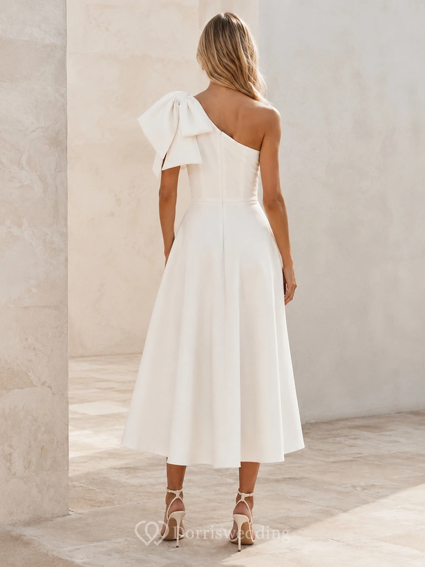 One shoulder bow pleated tea length courthouse wedding dress view 2