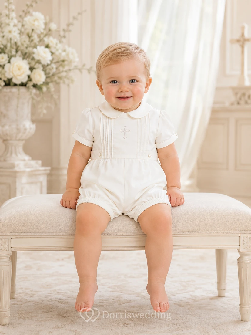White Cross Embroidered Long Sleeve Christening Bubble Romper for Baby Boy