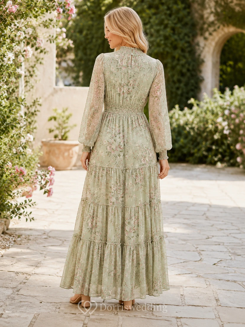 Robe maxi modeste à col montant et manches longues à volants, couleur sauge à fleurs view 2