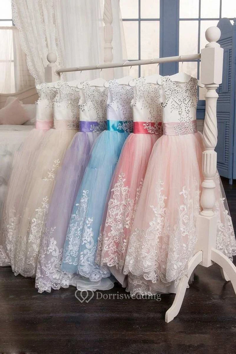 Ball Gown Floor-length Scoop Sleeveless Tulle Dress with Bow view 5