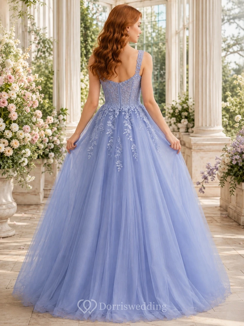 Vestido de gala de tul y encaje sin mangas con escote cuadrado azul pizarra para damas de honor view 2