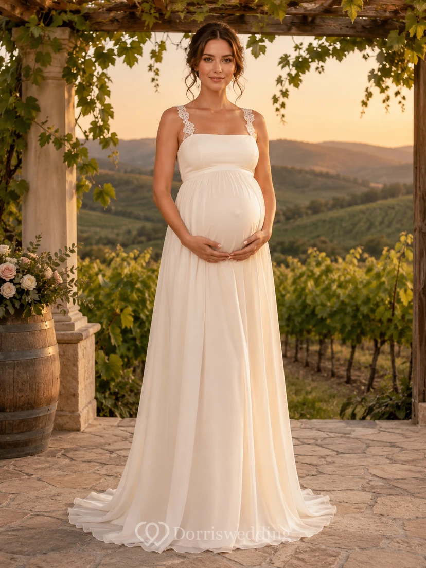 Maternity Wedding Dress Square Neck Lace Strap Simple Vineyard Bridal Gown with Train
