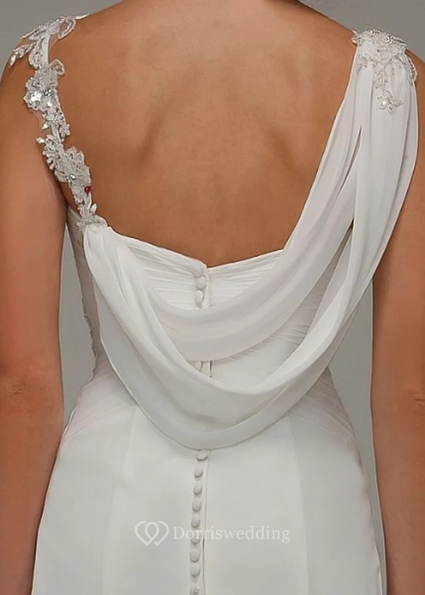 Sheath Appliqued Long V-Neck Sleeveless Chiffon Wedding Dress With Draping And Ruching view 4