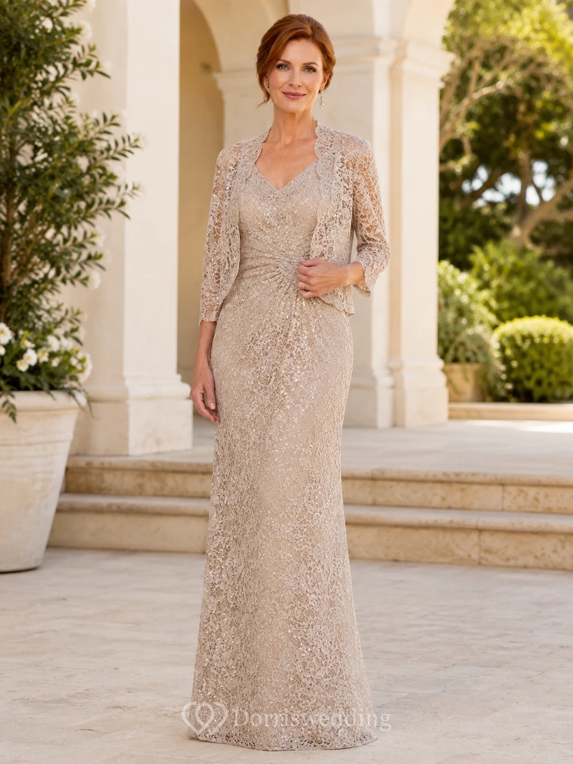 Champagne Elegant V-Neck Lace Sheath Floor-Length Mother of the Bride Dress with Three-Quarter Bolero Jacket