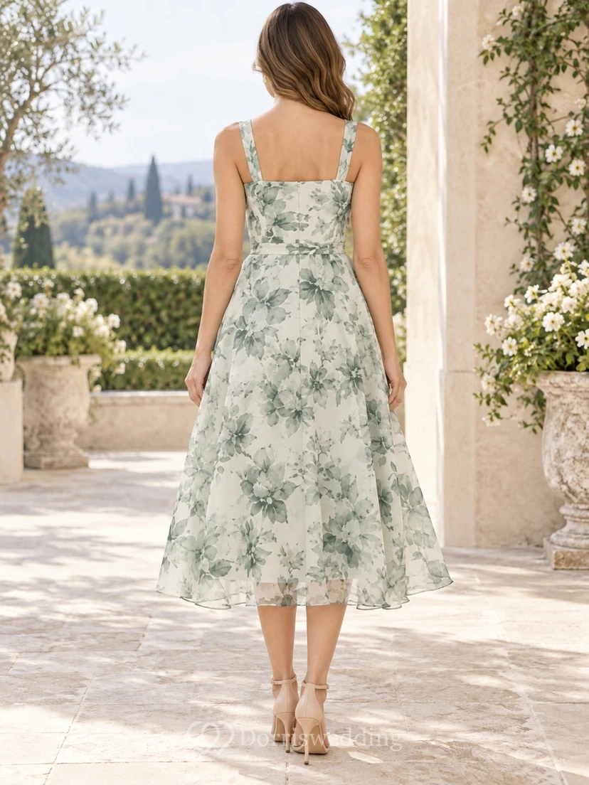 Mint Floral Print Square-Neck Sleeveless Tea-Length Chiffon A-Line Guest Dress view 2