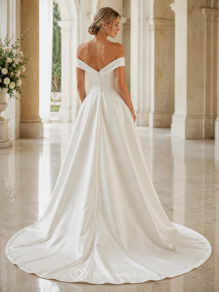Robe de mariée en satin, robe de bal, épaules dénudées, traîne courte view 2