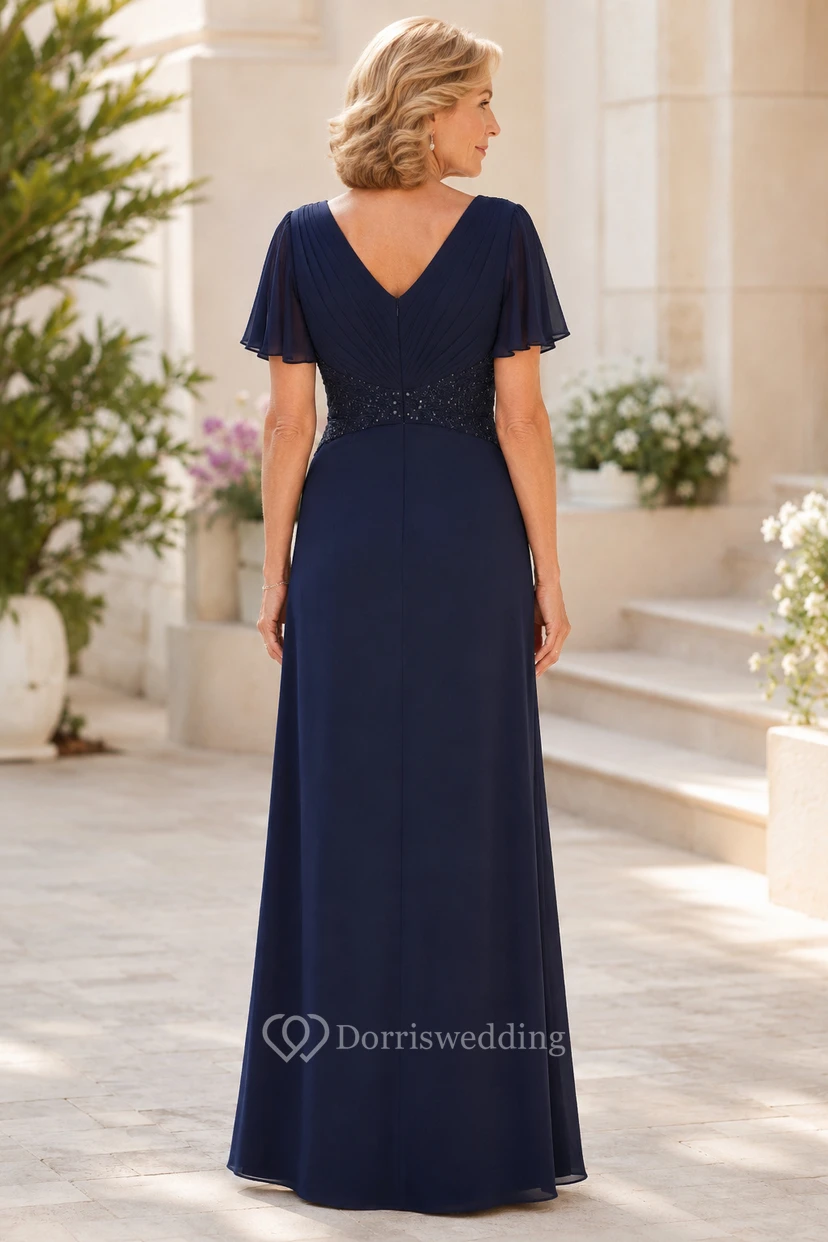 Dark Navy V-Neck Chiffon Mother Dress with Flutter Sleeves view 2