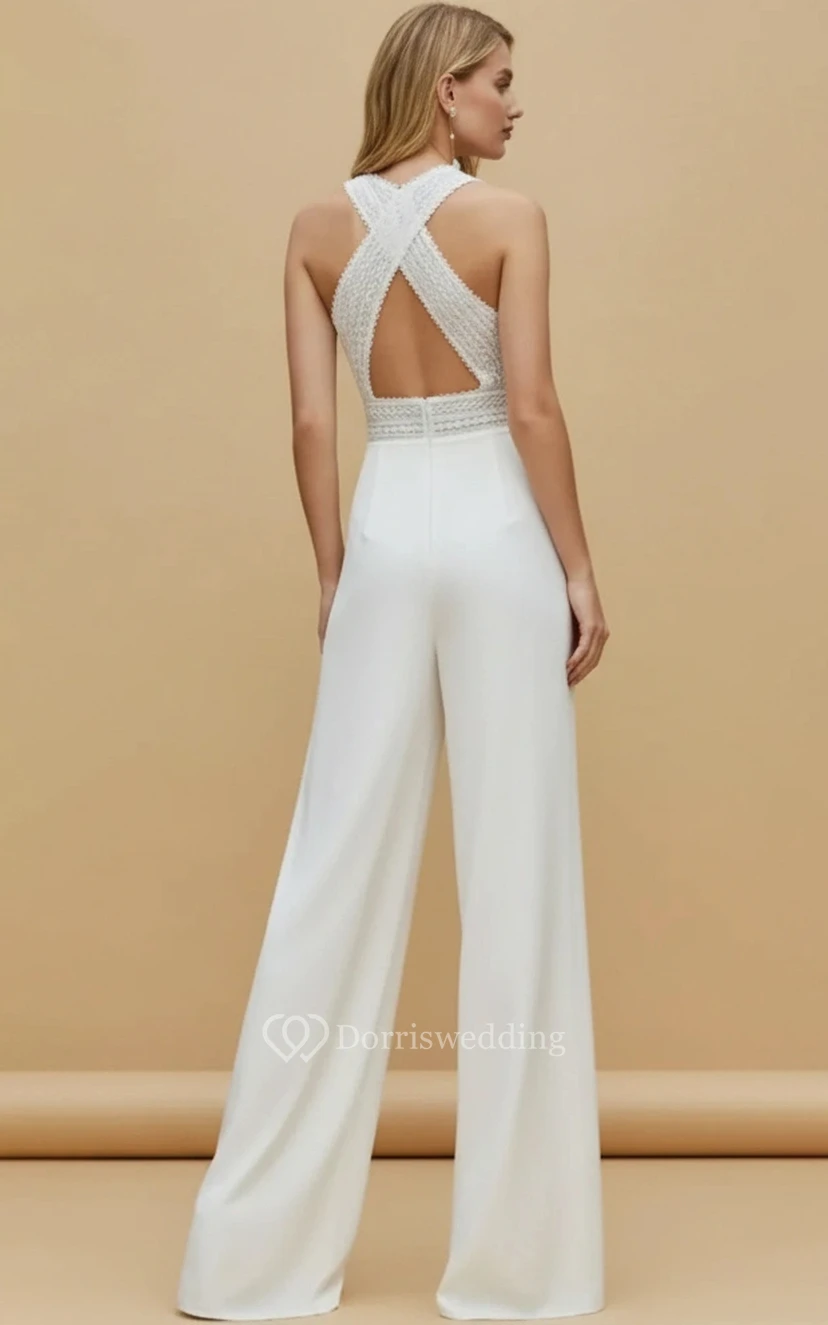 Ärmelloser Hochzeitsjumpsuit mit Strickstruktur, Taillenverzierung und weitem Bein view 2