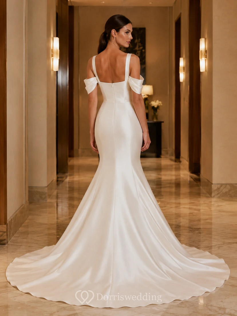 Robe de mariée sirène moderne en satin à col carré et manches amovibles view 2