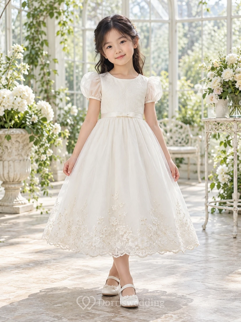 Teelanges elfenbeinfarbenes A-Linien-Kleid aus Spitze und Tüll mit Puffärmeln, Muschelsaum und Schleife am Rücken für Blumenmädchen