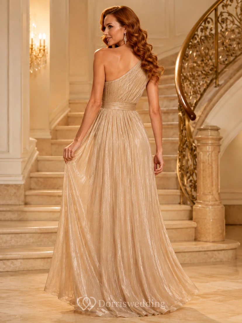Goldfarbenes, metallisch schimmerndes, einseitig schulterfreies, plissiertes A-Linien-Abendkleid im Luxus-Stil – perfekt für festliche Anlässe view 2