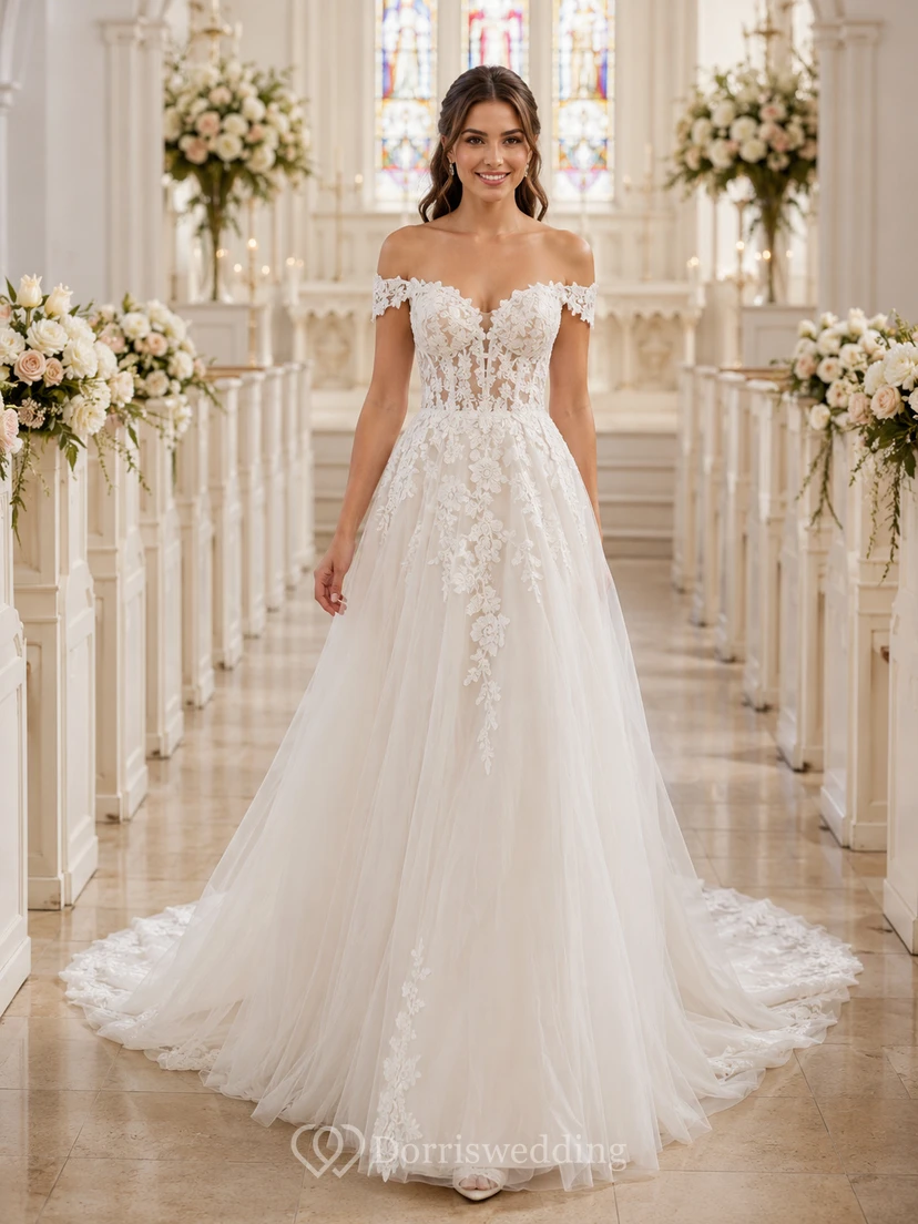 Klassisches schulterfreies A-Linien-Brautkleid mit Spitzenapplikationen