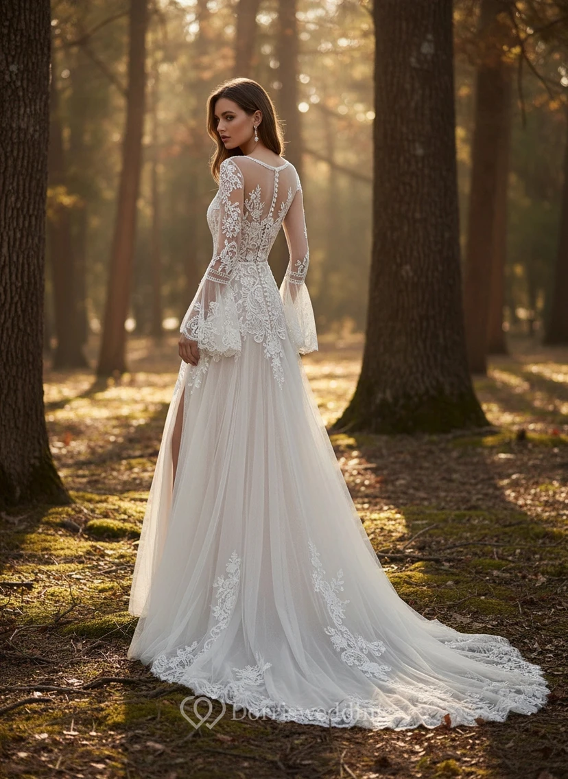 Boho-Glam Wedding Dress with Long Bell Sleeves, Plunge Neck & High Leg Slit view 2