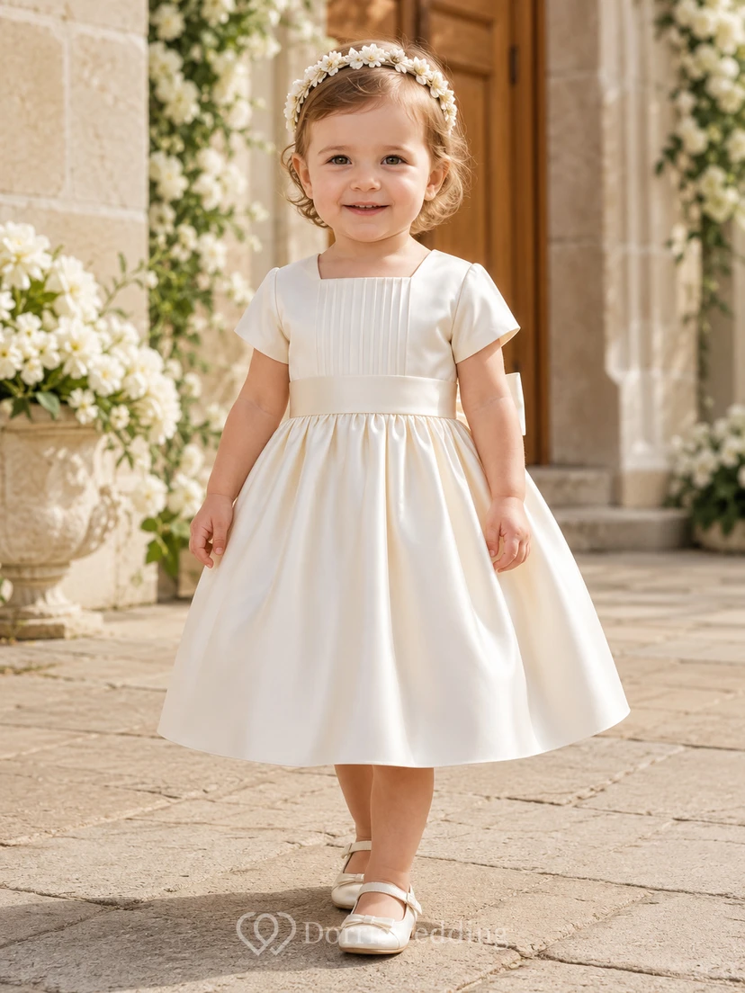 Short Sleeve Baptism Dress A-Line Satin Jewel Neck Pleated Bodice Bow Back
