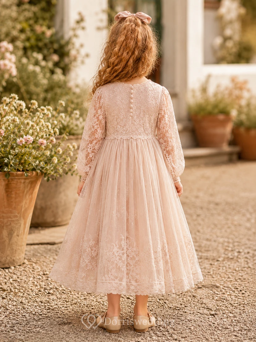 Flower Girl Dress Blush Lace Tulle A-Line Long Sleeve Scoop Neck Tea Length view 2