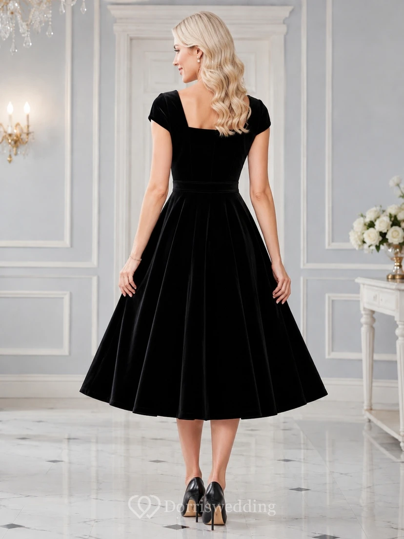 Schwarzes Samtkleid in A-Linie mit schulterfreiem Ausschnitt und kurzen Ärmeln view 2