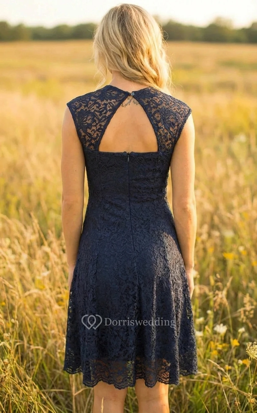 Blue Lace Mini Sheath Bridesmaid Dress view 2