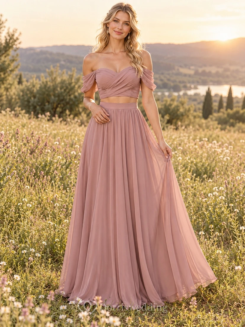 Conjunto de dos piezas de vestido de dama de honor de gasa color malva con hombros descubiertos, estilo bohemio.