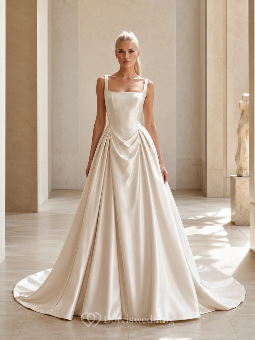 Robe de mariée élégante en satin, col carré, sans manches, traîne chapelle, dos nu drapé, col rond et sans manches.