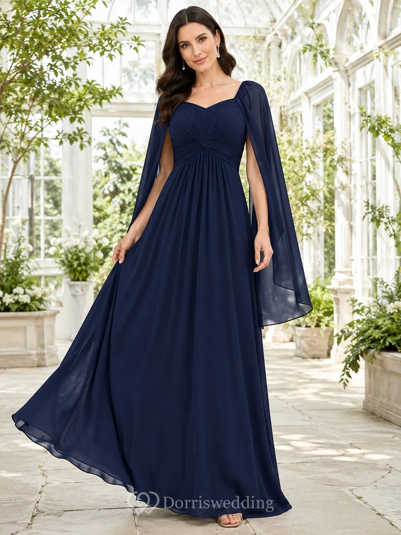 Vestido formal de corte A con escote en V y mangas abullonadas en gasa azul marino oscuro