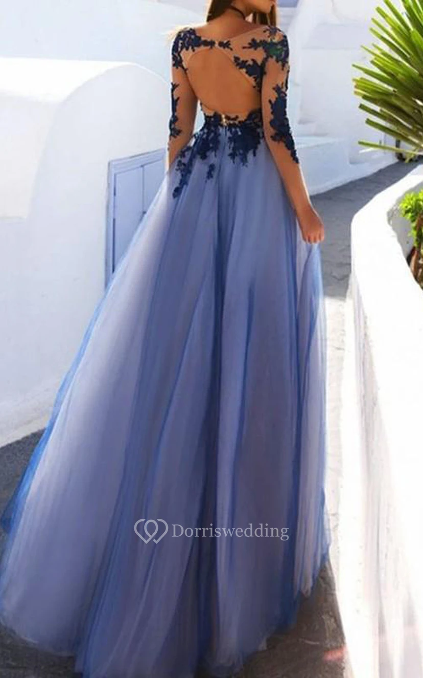 Vintage Lace Tulle A Line Bateau Long Sleeve Prom Dress With Keyhole Appliques view 2