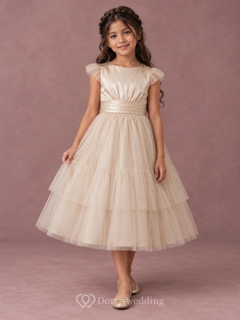 Tea-length Champagne A-line Tulle Flutter-sleeve Satin-bodice Pleated-waist Tiered Flower Girl Dress