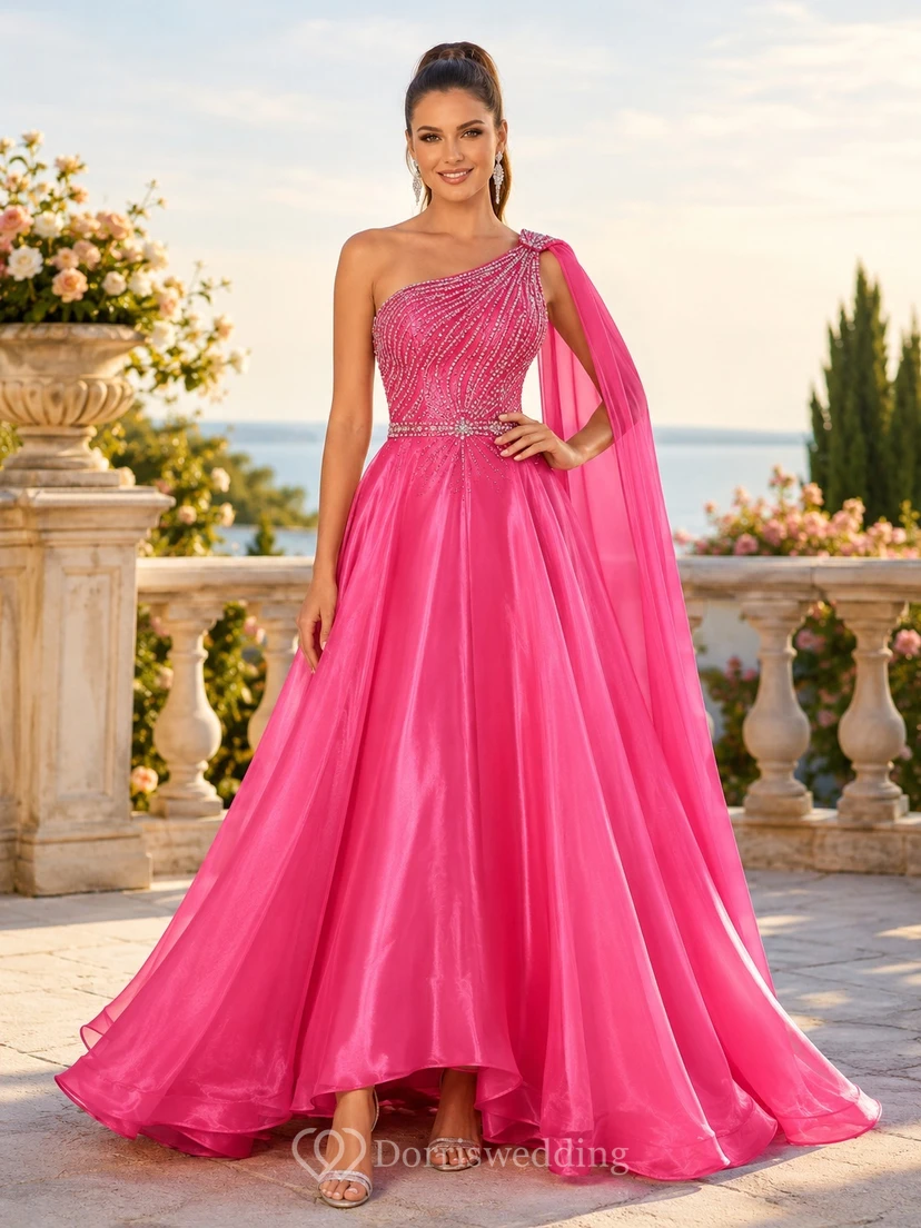 Hot Pink One-Shoulder Beaded Satin A-Line Floor-Length Draped Pageant Gown